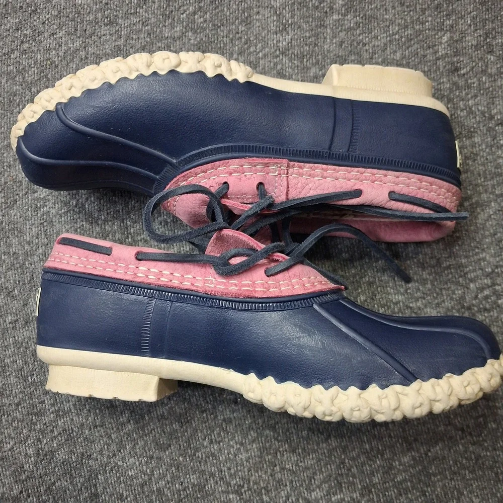 LL Bean Boots Rubber Moc Navy Blue Pink Leather Duck Shoes Womens size 9 M